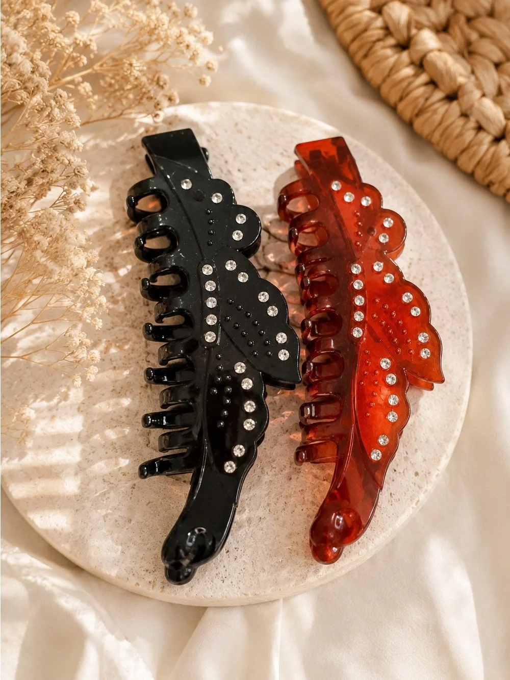 Rhinestone Leaf Hair Claw Clip Set Black & Amber Tortoise Acrylic Large